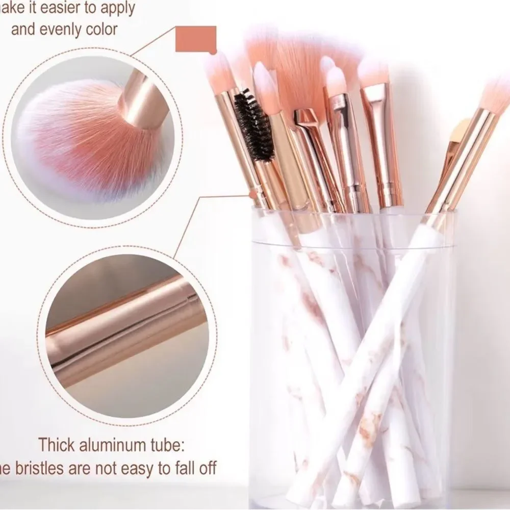 New 15-Piece Marble Handle Makeup Brush Set in Pink and Rose Gold